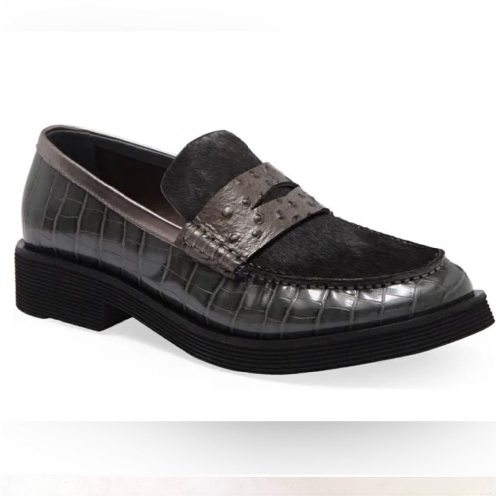 New Jeffrey Campbell Lenna Penny Loafer Size 6.5 gray croc casual slipon leather